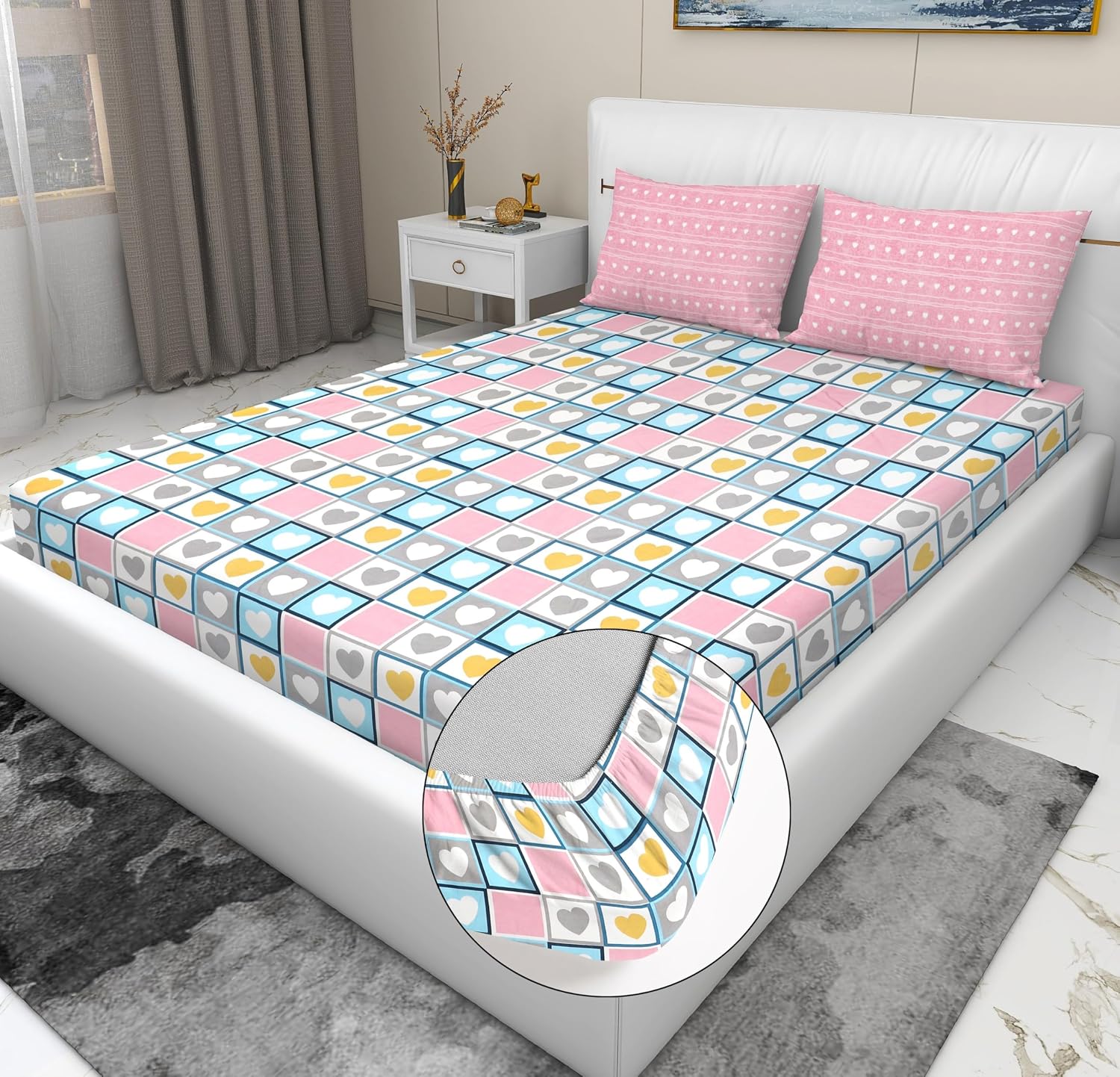 Elastic Fitted Bedsheets For King Size Bed With 2 Pillow Covers - 72 X 78 X 8 Inches, Pink | Ideal For Hotel, House, Guest House