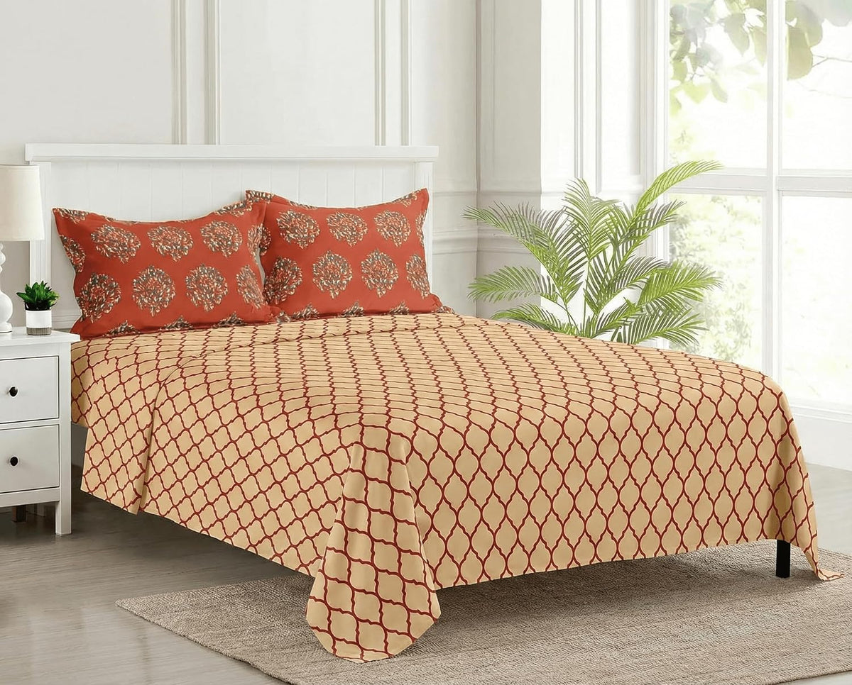 Jaipuri Design Cotton King Size Printed Bedsheet With 2 Pillow Covers - 108 X 108 Inches, Clay Red & Beige | Ideal For Home Use & Perfect For Gifting On Weddings, Housewarmings & Festivals