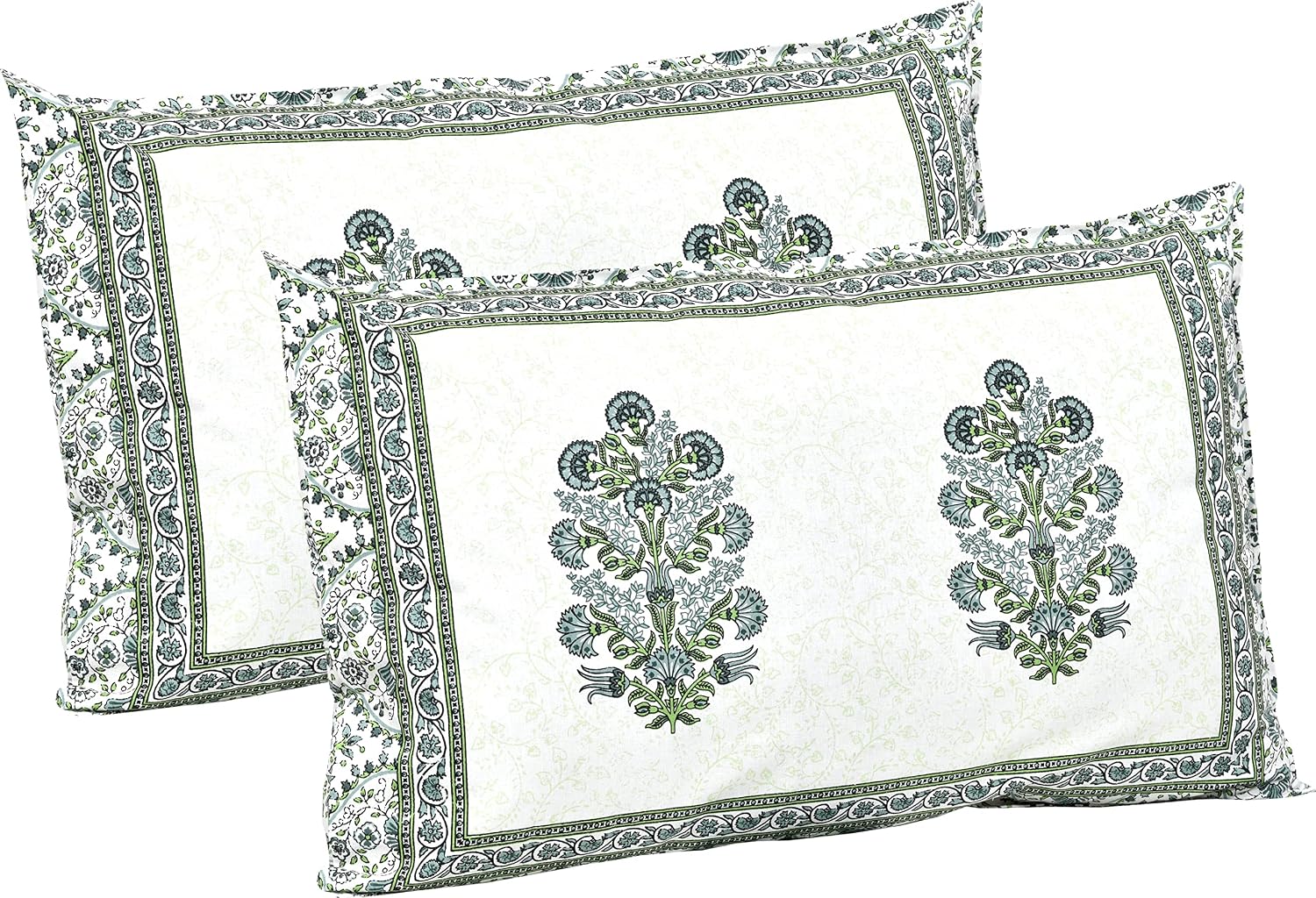 100% Cotton Jaipuri Bedsheet For King Size (90 X 103 Inches, Cream & Green) With 2 Pillow Covers | Perfect For Everyday Use, Guest Rooms, Or Gifting On Special Occasions