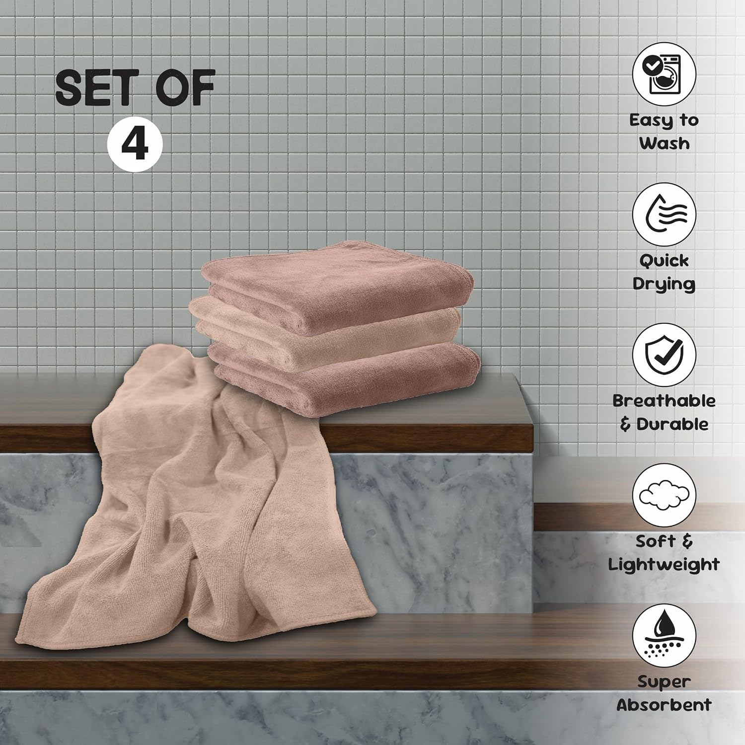 Housse Microfiber Hand Towel 800 Gsm | Premium Quality Towels Ultra Absorbent & Anti-Bacterial For Gym (Peachy Pearl & Dusky Orchid) - Pack Of 4