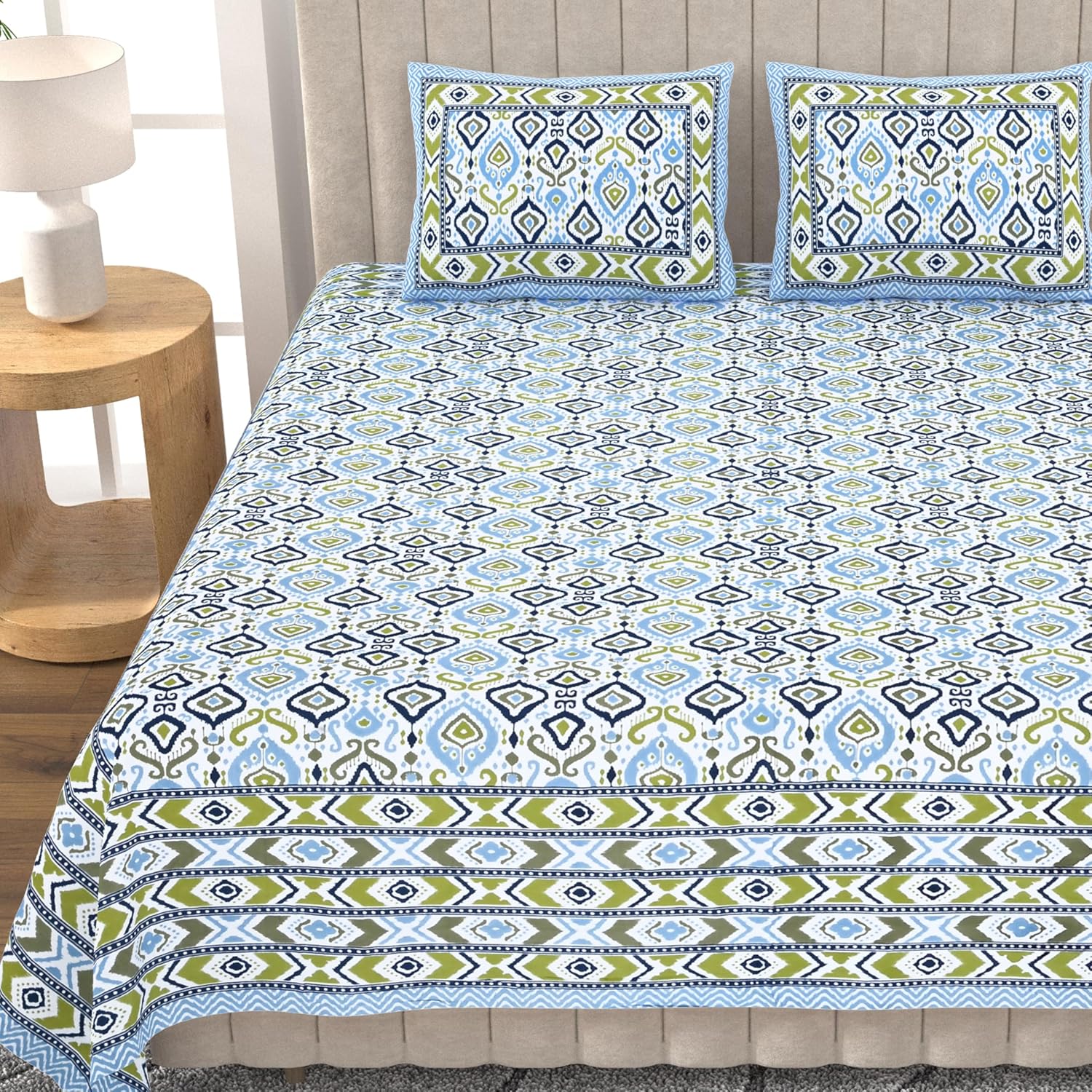 1 Queen Size Bedsheet For Double Bed With 2 Pillow Covers (90 X 108 Inches) Green & Blue | Premium Cotton Material - Ideal For House, Hotel, Guest House
