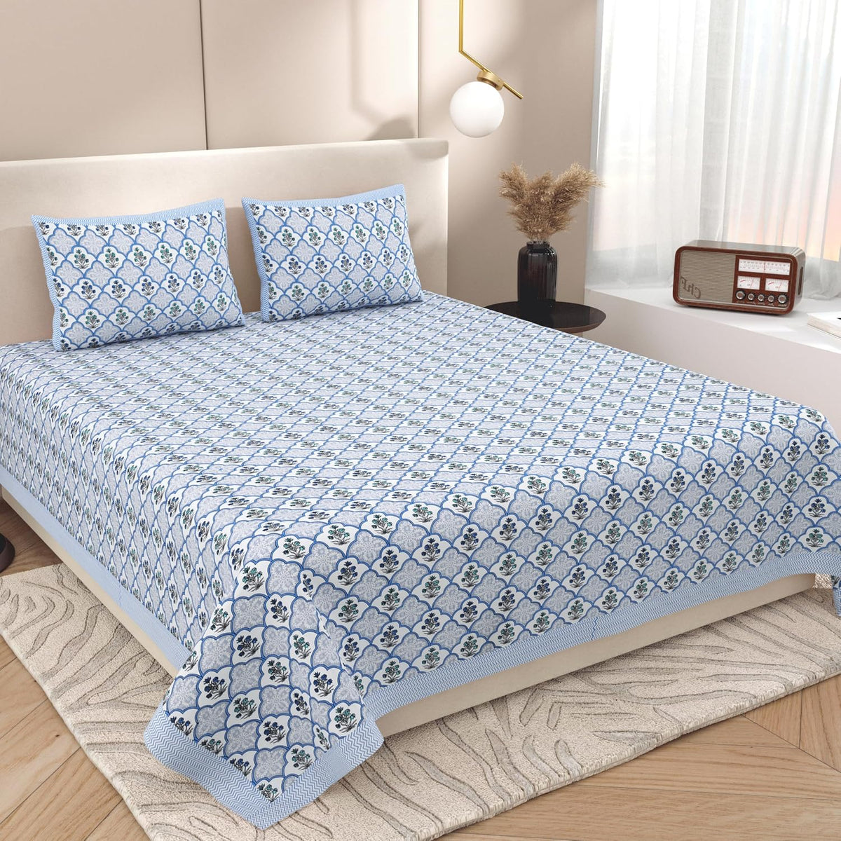 Double Bedsheet For King Size With 2 Matching Pillow Covers (90 X 108 Inches) Sky Blue | Pure Cotton Jaipuri Bedsheet | Cotton Bedsheet Is Suitable For All Seasons