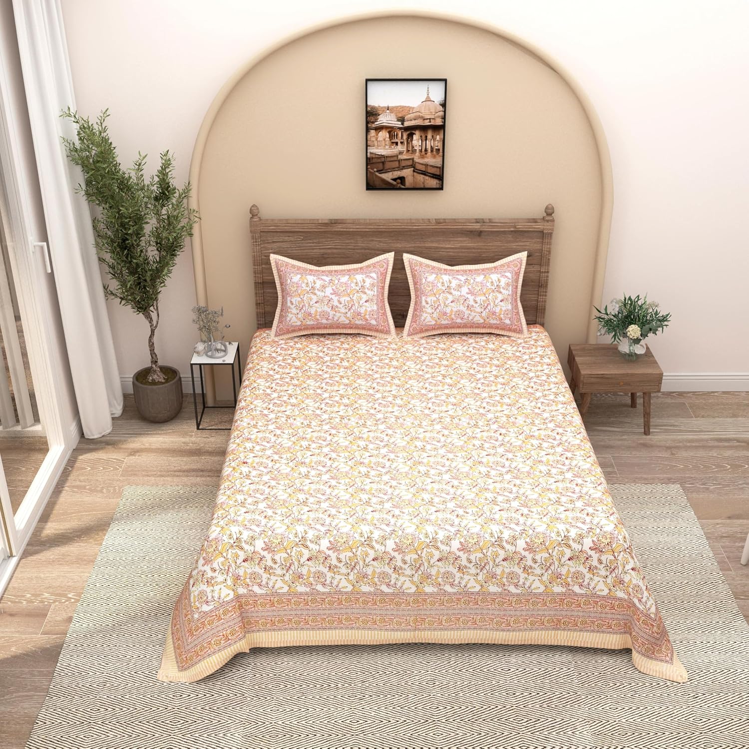 Traditional Rajasthani Design Bedsheet With 2 Pillow Covers - 90 X 108 Inches, Peach & Yellow | Color Fade Resistant & Shrinkage Resistant For All-Season Use