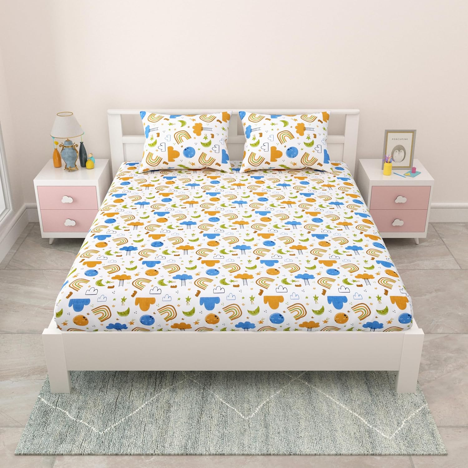 Pure Cotton Kids Bedsheet Double Bed Queen Size With 2 Pillow Covers | 90 X 100 Inches, Multicolor | Fun Cartoon Theme, Soft & Breathable Fabric
