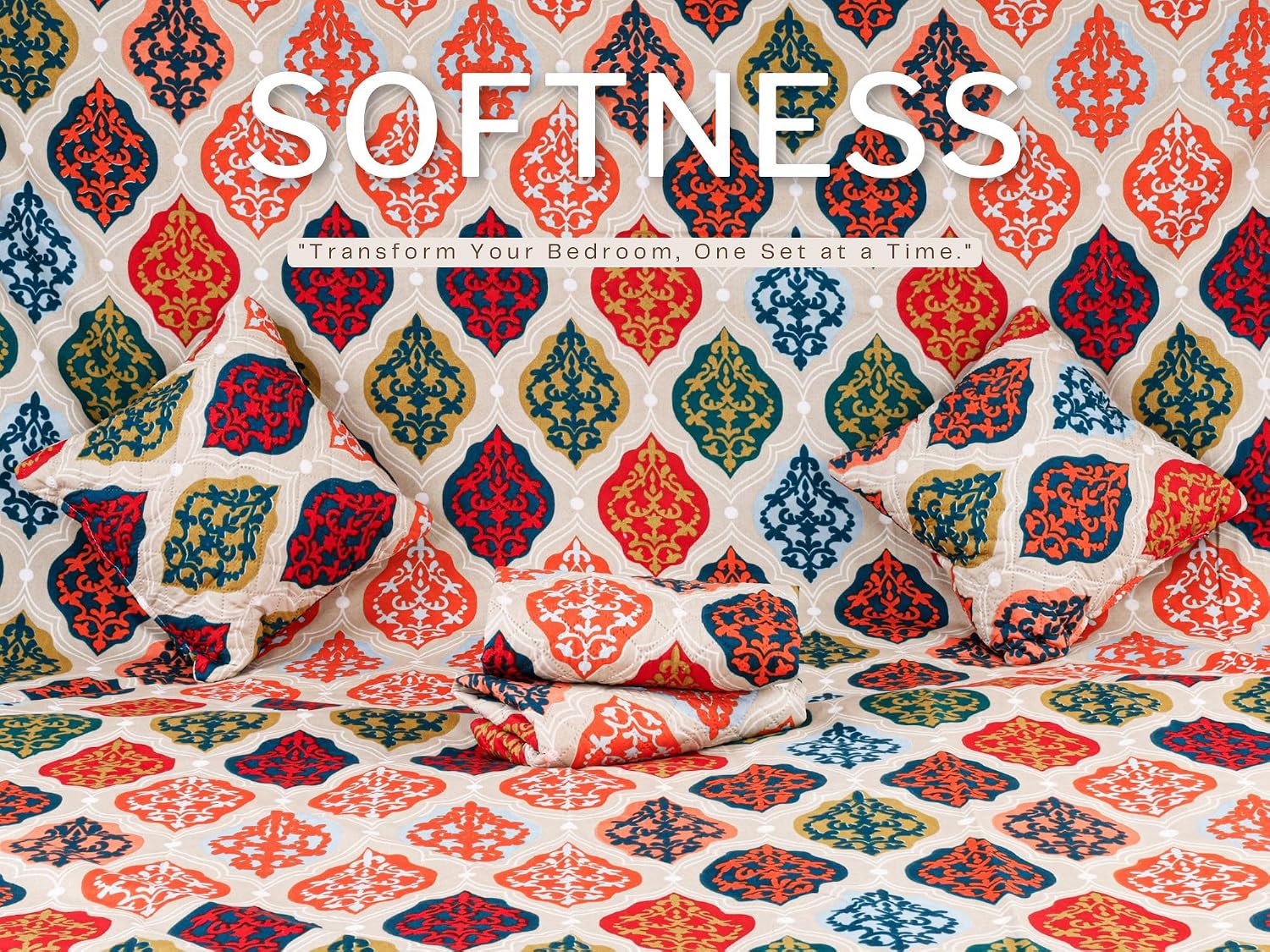Bedding Set With 1 Pc Bedsheet, 2 Pc Cushion With Zip, 2 Pc Pillow Covers | 90 X 100 Inches, Multicolor - Traditional Jaipuri Prints Bedsheet | Wrinkle Free & Durable For Long Lasting Use