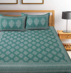 Printed Bedsheet For Double Bed With 2 Pillow Covers - 83 X 94 Inches, Green & White | Ideal For Hotel, Guest House, Home | Traditional Jaipuri Bedsheets
