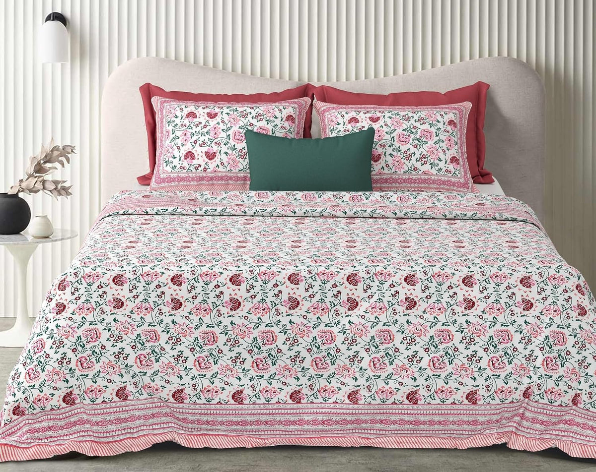 Double Bedsheet For King Size With 2 Matching Pillow Covers (90 X 108 Inches) White & Pink | Pure Cotton Jaipuri Bedsheet | Cotton Bedsheet Is Suitable For All Seasons