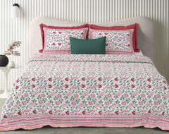 Double Bedsheet For King Size With 2 Matching Pillow Covers (90 X 108 Inches) White & Pink | Pure Cotton Jaipuri Bedsheet | Cotton Bedsheet Is Suitable For All Seasons