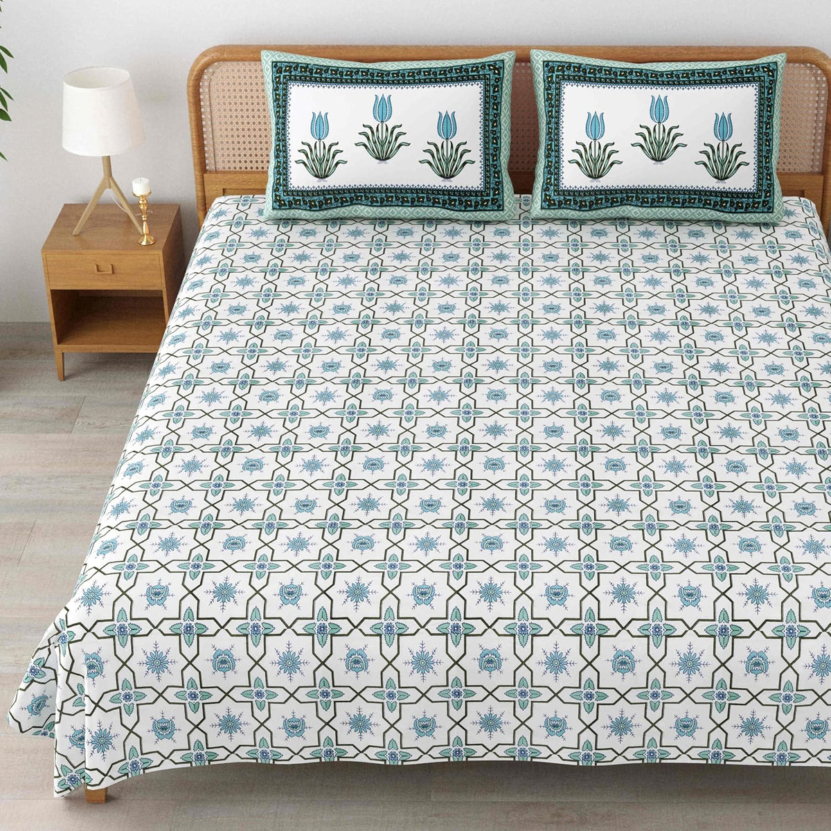 Traditional Rajasthani Cotton Bedsheet For King Size With 2 Matching Pillow Cover | 90 X 108 Inches, Han Blue & White | Soft & Comfortable Fabric