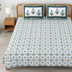 Traditional Rajasthani Cotton Bedsheet For King Size With 2 Matching Pillow Cover | 90 X 108 Inches, Han Blue & White | Soft & Comfortable Fabric