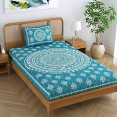 Single Bedsheet With 1 Pillow Covers - 54 X 84 Inches, Sea Green | Long Lasting & Soft 120 Thread Count Bedsheet | Traditional Jaipuri Printed Bedsheet