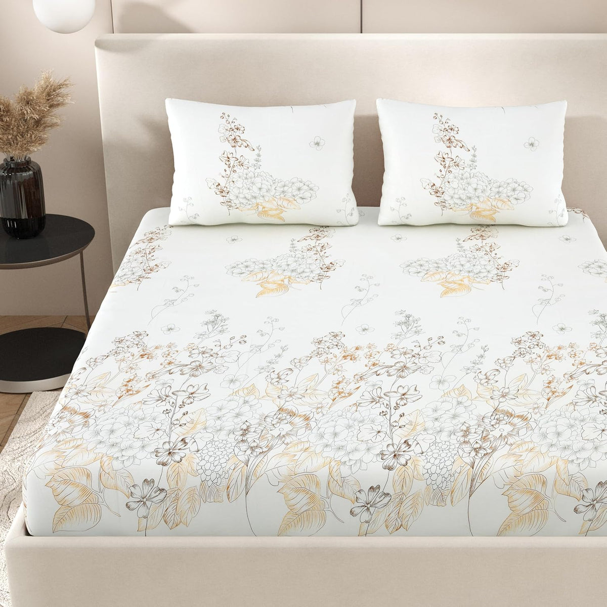 Super King Pure Cotton Bedsheet With 2 Pillow Covers | 108 × 108 Inches, Cream & Brown | Soft Breathable Floral Design Bedding | Comfortable Sleep All Year