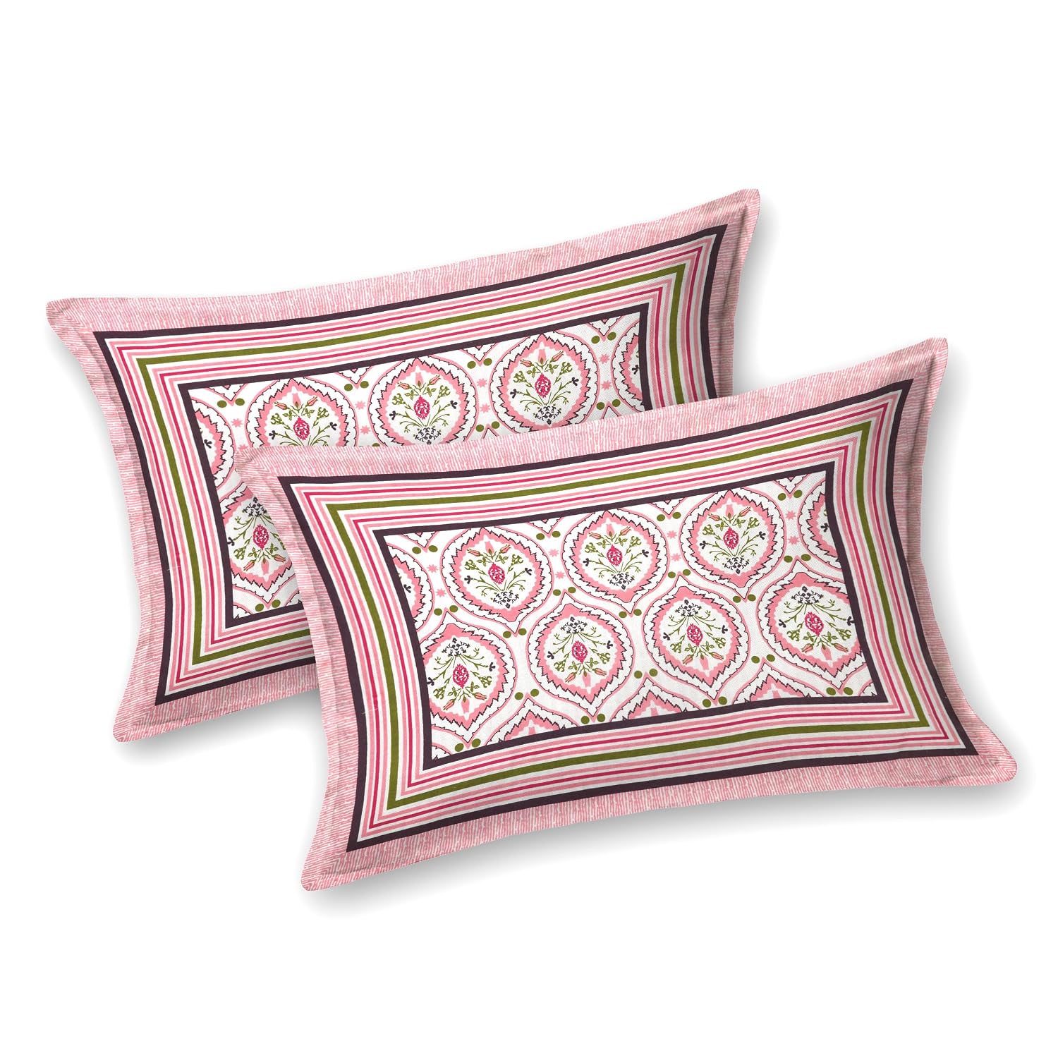 Bedsheet For Queen Bed With 2 Pillow Covers - 90 X 108 Inches, White & Pink | Pure Cotton Traditional Jaipuri Printed | Ideal For Both Everyday Use & Special Events