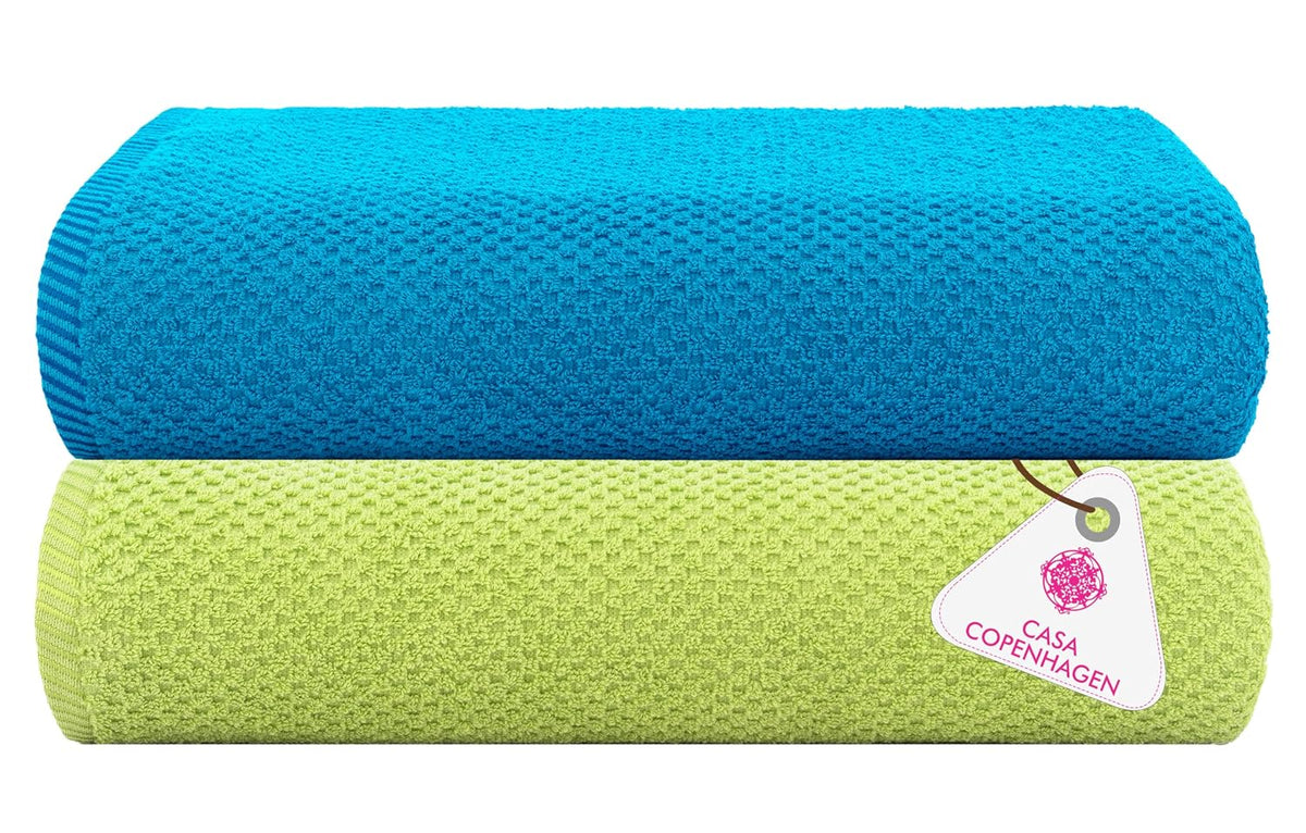 Casa Copenhagen Designed In Denmark Popcorn Super Soft 2 Pieces 100% Cotton Large Bath Towel 525 Gsm - Teal Blue & Lime Green