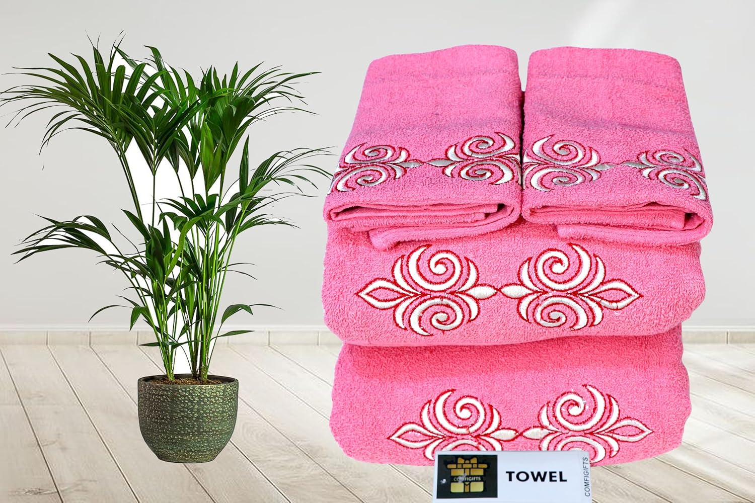 Comfigifts 100% Cotton 2 Bath & 2 Hand Towels 1400 Gsm | Soft, Absorbent, Lightweight Towels With Computerized Embroidery (Pink D1)