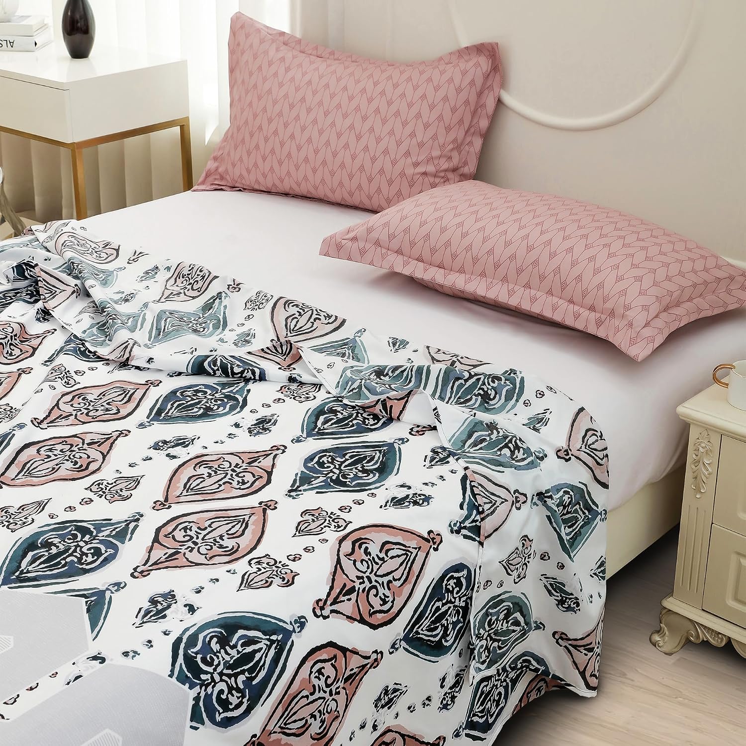 Bedsheets For Double Bed With 2 Pillow Cover - 92 X 98 Inches, White & Peach | Satin Finish Microfiber Queen Size Bedsheet | Skin Friendly & Breathable Fabric