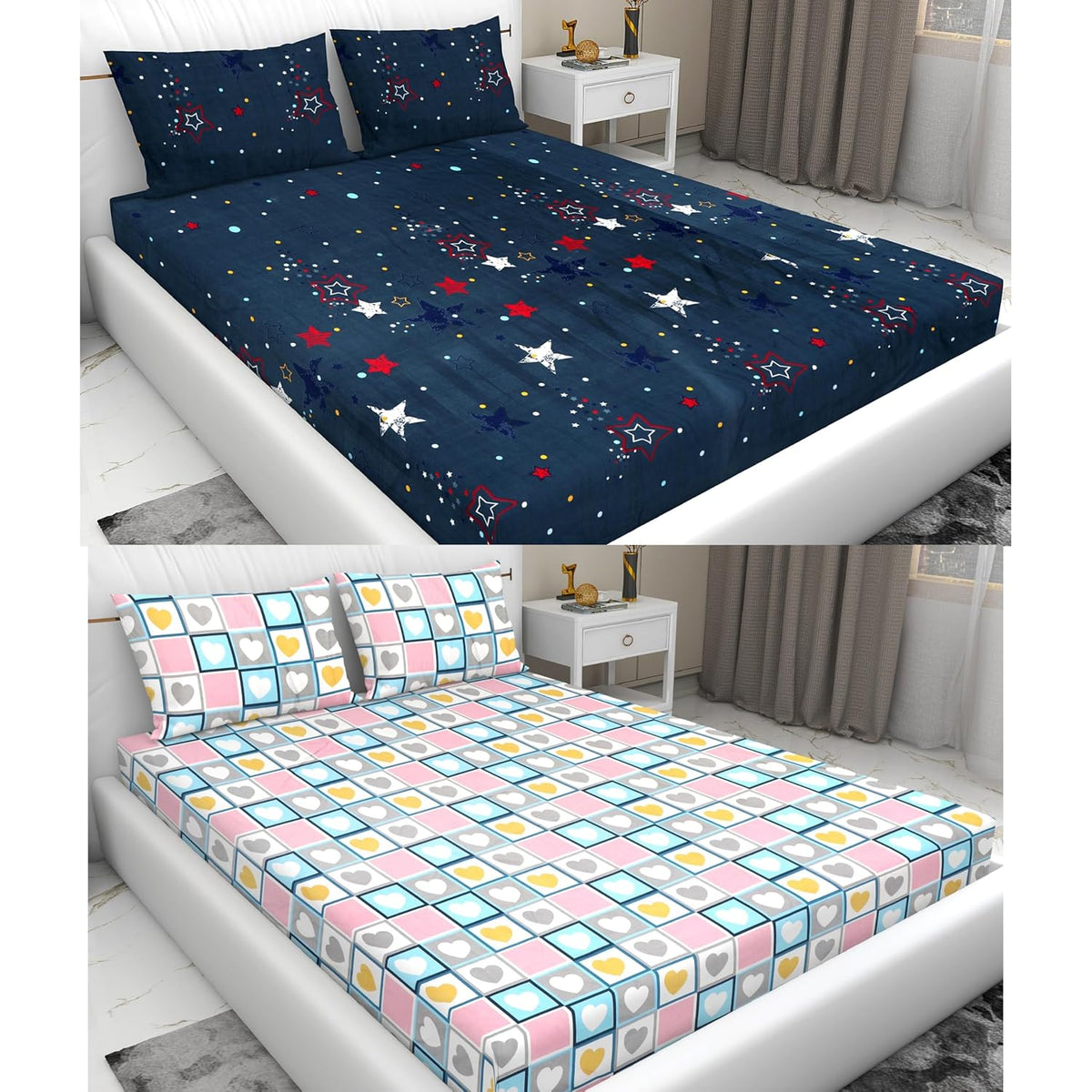 2 Bedsheets For King Size Bed With 4 Pillow Covers - 100 X 108 Inches, Navy Blue & Pink | Ideal For Hotel, House, Guest House