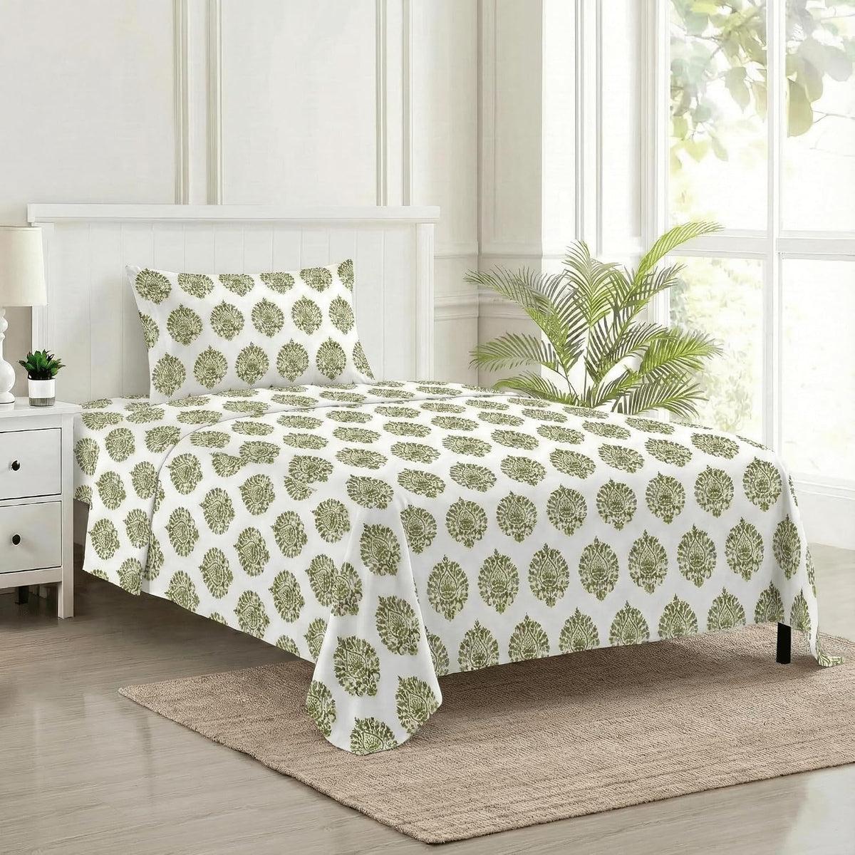 Cotton Printed Single Flat Bedsheet With 1 Pillow Cover - 60 X 100 Inches, Forest Green & White | Breathable & Skin Friendly Bedsheet | Ideal For Year Round Use