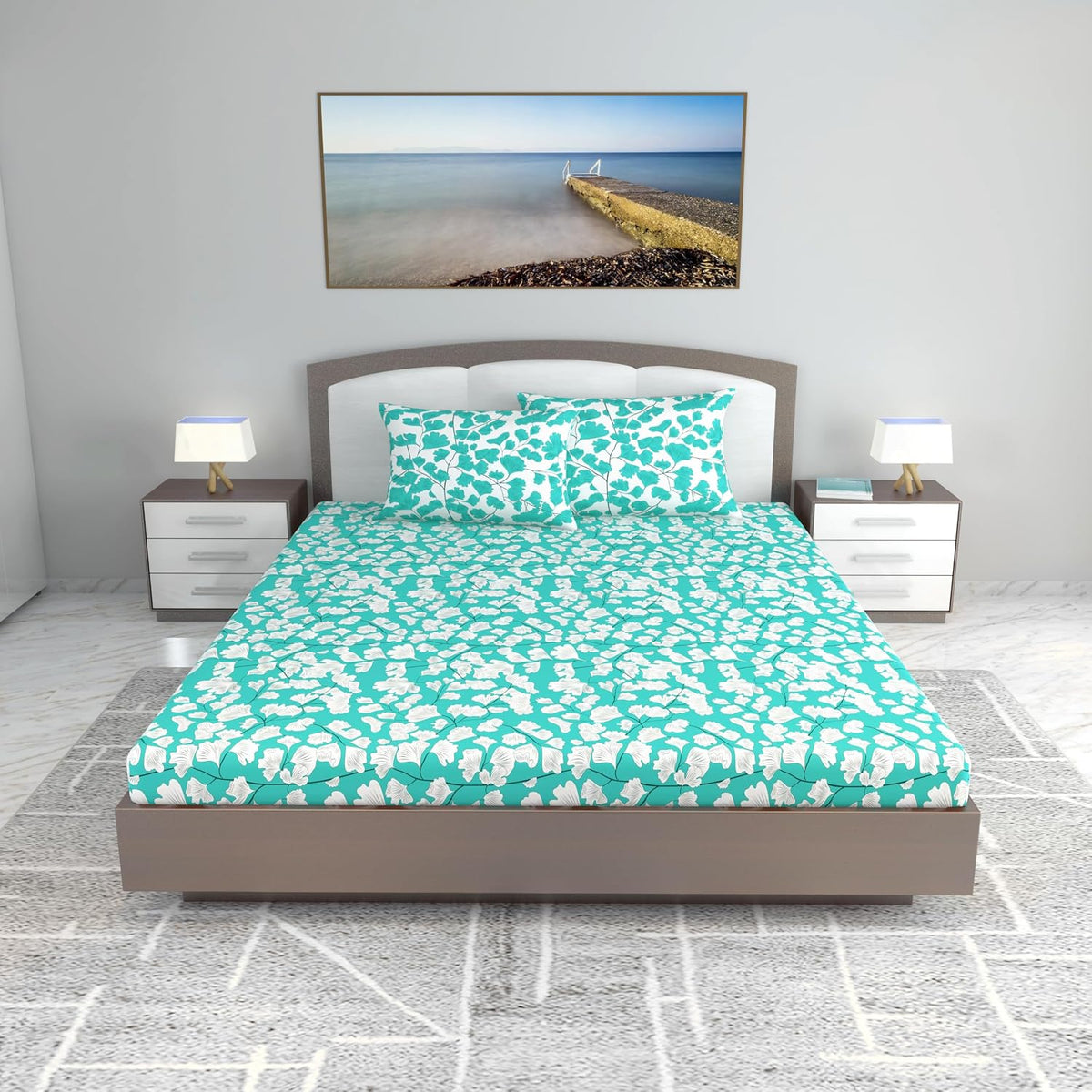 Cotton Extra Double Bedsheet For King Size With 2 Pillow Covers | 87 X 106 Inches, Teal & White - Ideal For Home, Guest House, Hotel | Soft & Breathable Fabric