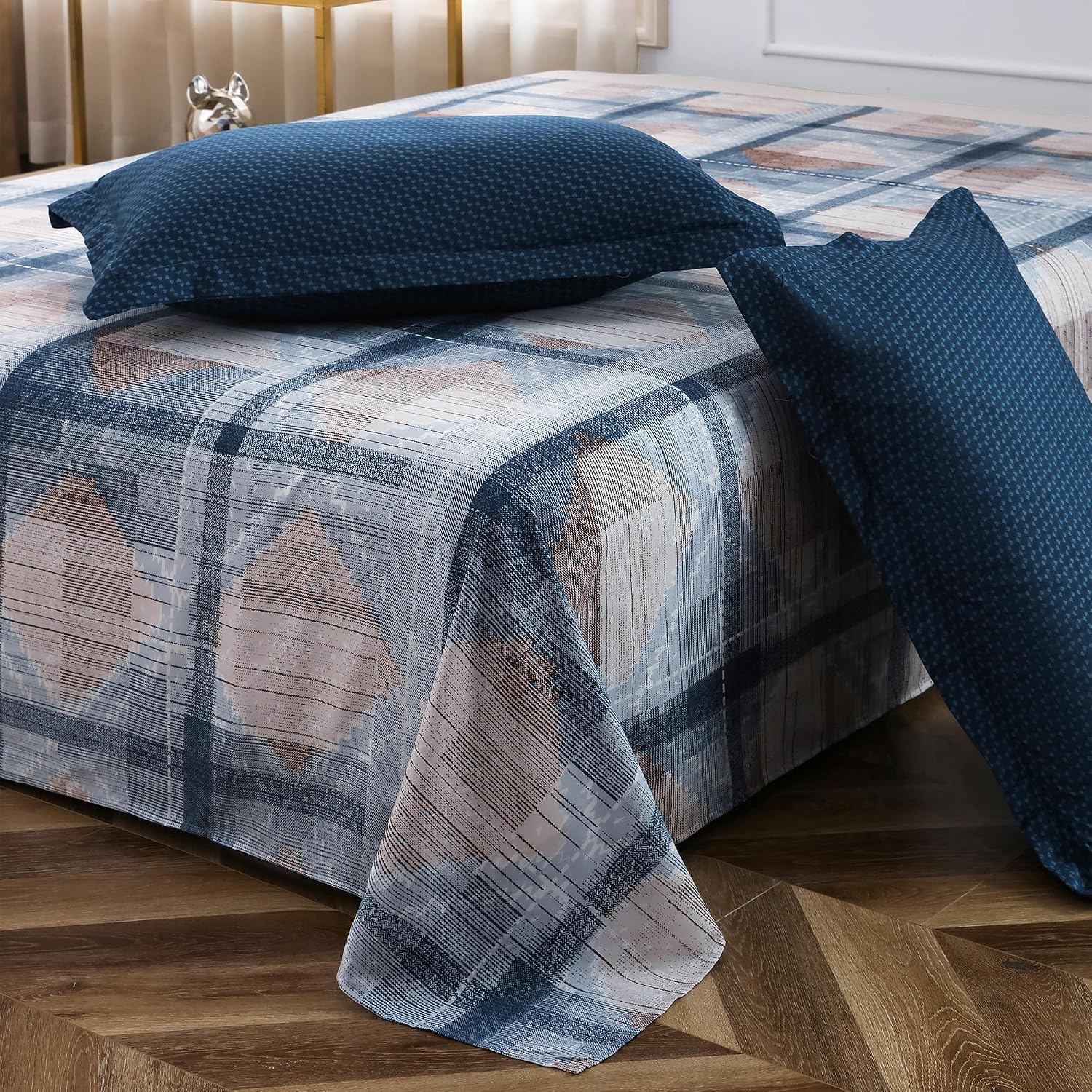 Bedsheets For Double Bed With 2 Pillow Cover - 92 X 98 Inches, Off White & Blue | Satin Finish Microfiber Queen Size Bedsheet | Skin Friendly & Breathable Fabric