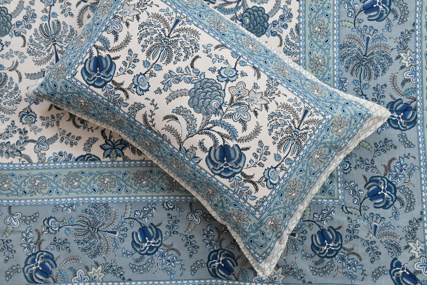 Jaipuri Bedsheet For Double Bed With 2 Pillow Covers - 90 X 108 Inches, Beige & Blue | Pure Cotton Bedsheet King Size Bed | Soft & Breathable Fabric