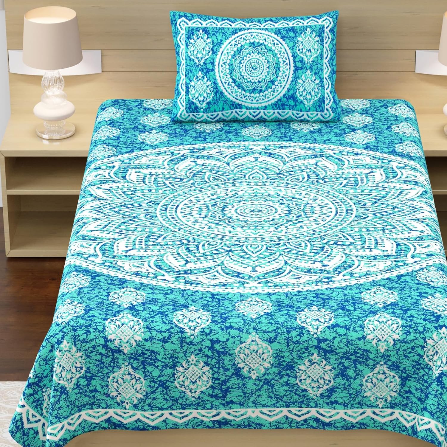 100% Cotton Single Bed Sheet With 1 Pillow Cover - 56 X 86 Inches, Blue & White | Super Soft Microfiber, Breathable Wrinkle, Fade Resistant