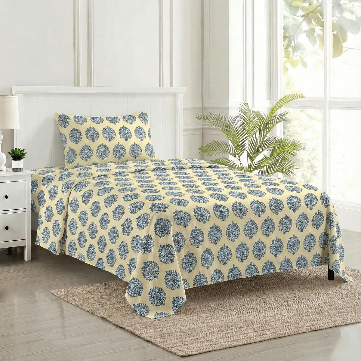 Cotton Printed Single Flat Bedsheet With 1 Pillow Cover - 60 X 100 Inches, Cream & Deep Sea Blue | Breathable & Skin Friendly Bedsheet | Ideal For Year Round Use
