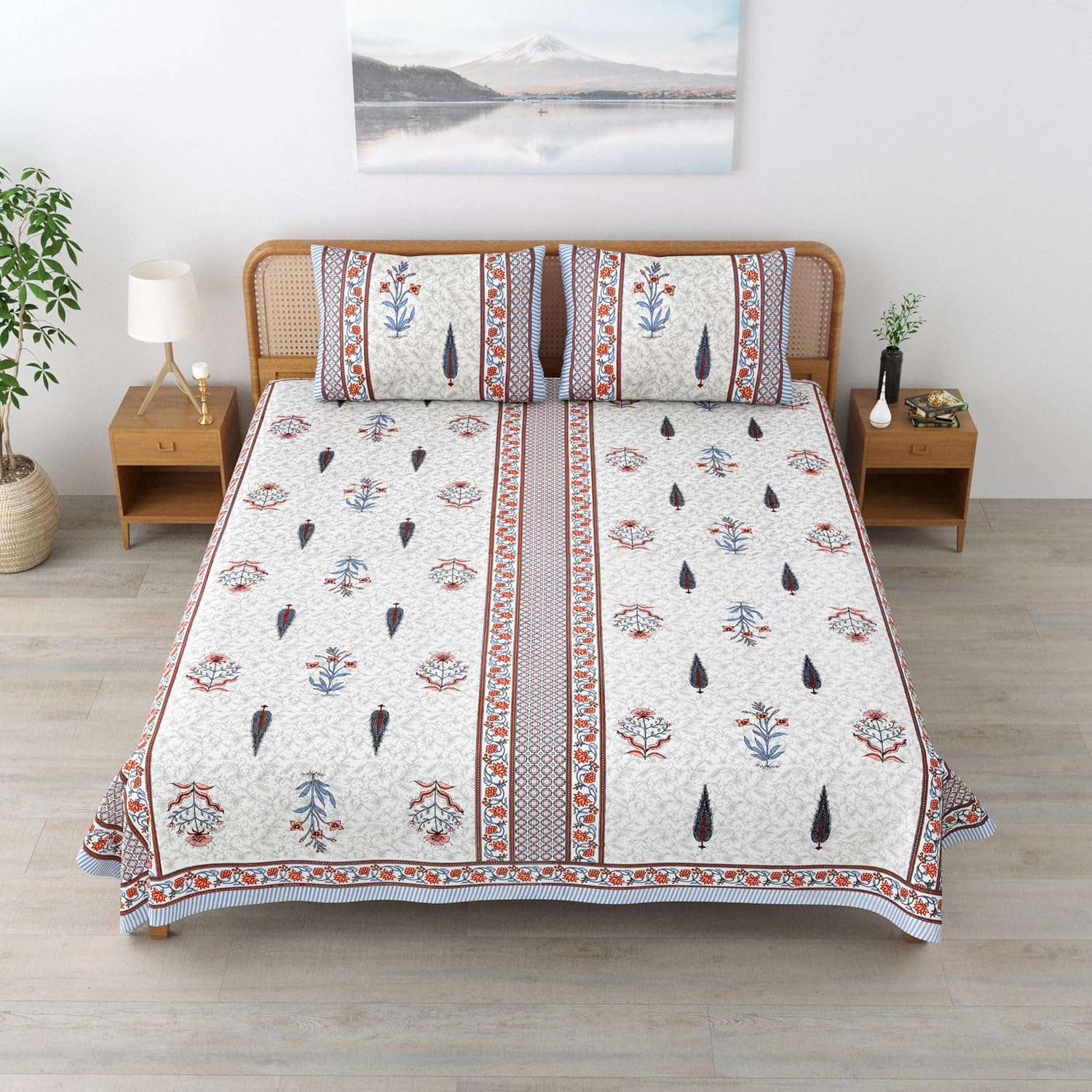 Sanskriti Bedsheet For Double Bed King Size With 2 Pillow Cover - 90 X 108 Inches, White & Orange | Soft, Durable & Stylish | Breathable & Skin-Friendly
