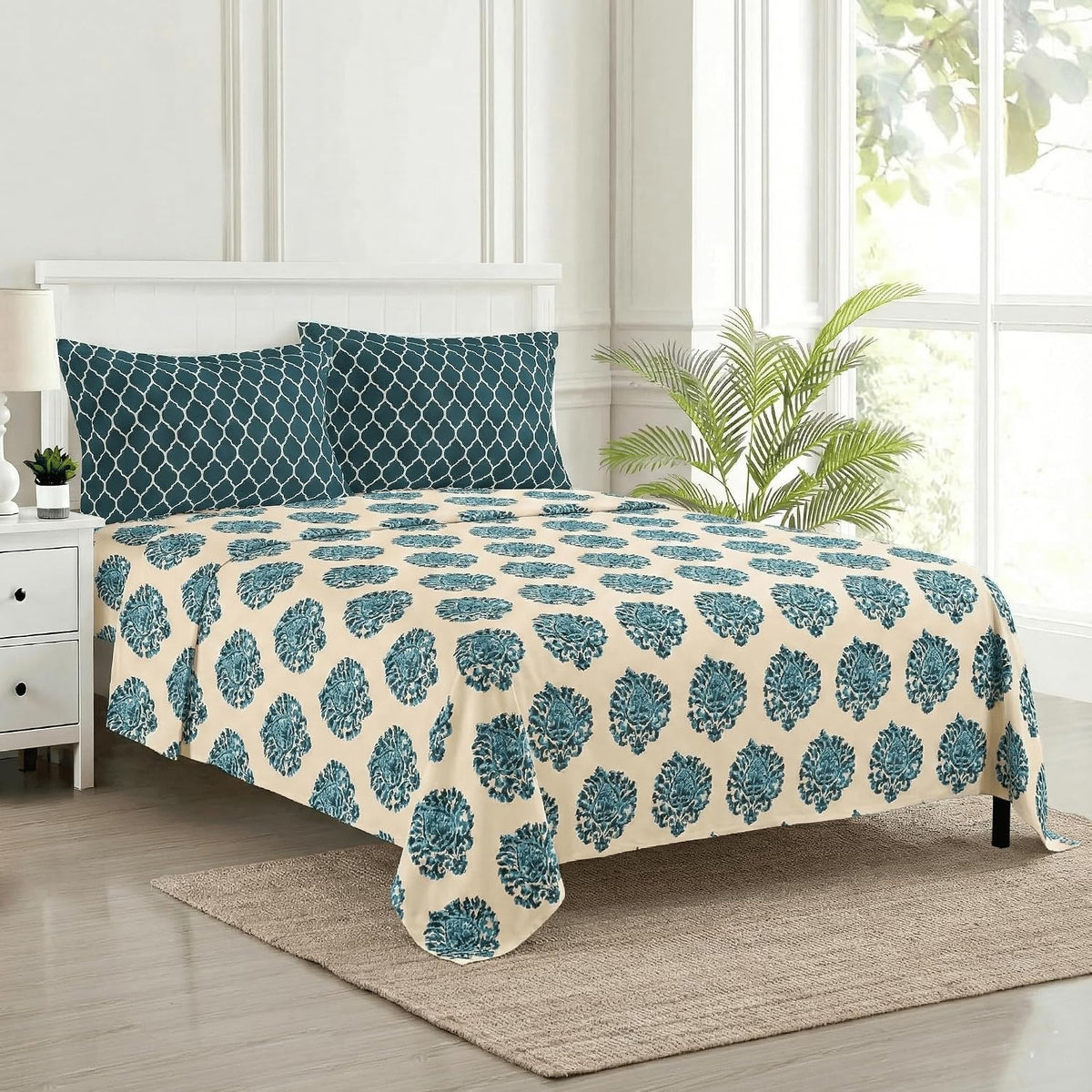 Premium 100% Cotton Queen Size Bedsheet With 2 Pillow Covers - 86 X 104 Inches, Deep Sea Green & Cream | 180 Thread Count Ultra Soft | Ideal For House, Guest Home, Hotel
