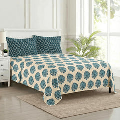 Premium 100% Cotton Queen Size Bedsheet With 2 Pillow Covers - 86 X 104 Inches, Deep Sea Green & Cream | 180 Thread Count Ultra Soft | Ideal For House, Guest Home, Hotel