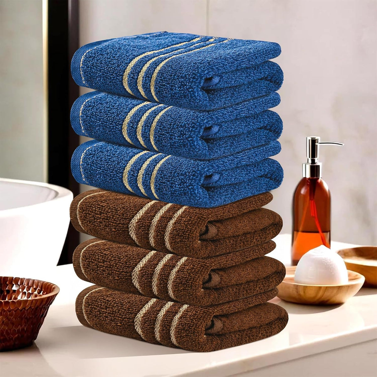 Kuber Industries Soft Cotton Face Towels 1200 Gsm | For Men & Women Easily Washable Pocket Towels & Workout Gym - Dark Brown & Blue (Pack Of 6)
