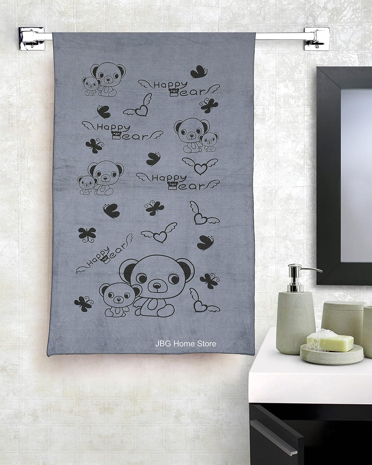 Jbg Home Store Kids Bath Towel 500 Gsm | Premium Microfiber Quick Drying Towels For Babies, Cartoon Print Wash Dry Cloth Towel (Brown & Grey Bear) - 2 Pcs