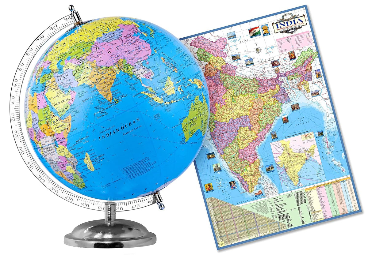 Educational Globe - 10 Inch Height Metal Base + India Political Map (70 X 100 Cm) - Home & Office Decor World Globe For Gifting & Learning