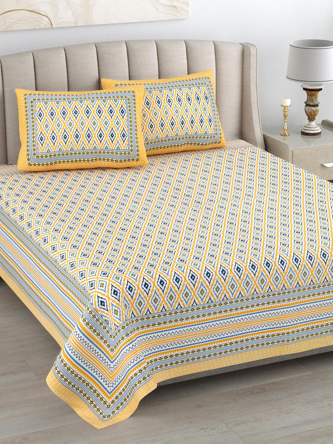 1 Queen Size Bedsheet For Double Bed With 2 Pillow Covers (90 X 108 Inches) Yellow | Beautiful Printed Designs - Breathable 100% Cotton Bedsheet Comfortable