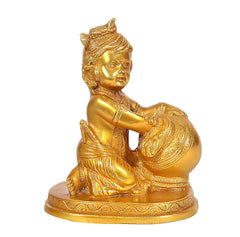 Hand Carved Baby Krishna Sculpture, Laddu Gopal Makhan Chor Idol, Brass - 7 Inch, Gold Kanha Ji, Baby Krishna Statue, Wipe With Dry & Soft Cloth, Best God Idol