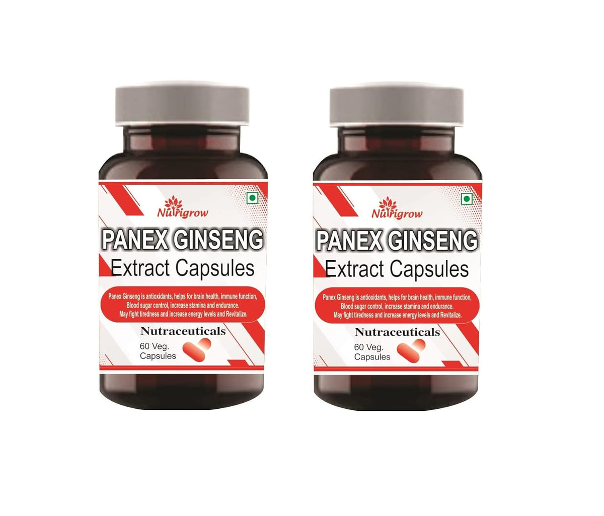 Nutrigrow Panax Ginseng Extract Capsule Help To Support Vitality, Stamina Performance, Including Antioxidants, Vitamins, Mineral, Stress Management | 60 Veg Capsules 100gm 0.2lbs Each Pack Of 2