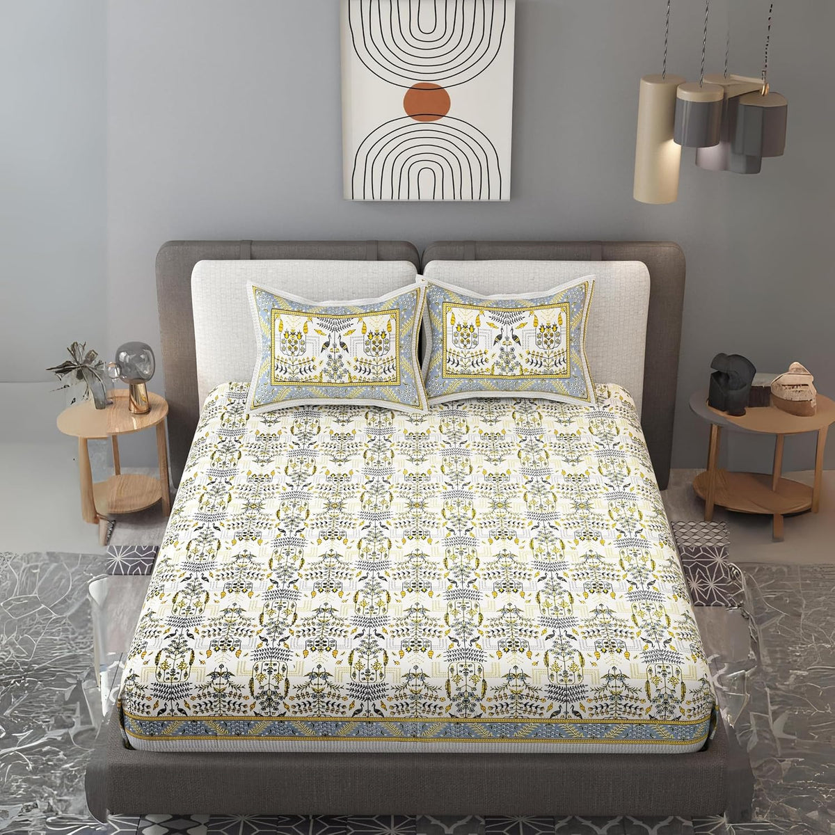 100% Cotton Jaipuri Bedsheet For King Size (90 X 103 Inches, Yellow & Grey) With 2 Pillow Covers | Perfect For Everyday Use, Guest Rooms, Or Gifting On Special Occasions