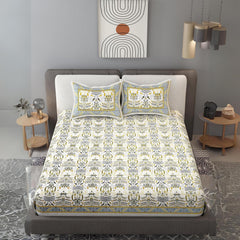 100% Cotton Jaipuri Bedsheet For King Size (90 X 103 Inches, Yellow & Grey) With 2 Pillow Covers | Perfect For Everyday Use, Guest Rooms, Or Gifting On Special Occasions