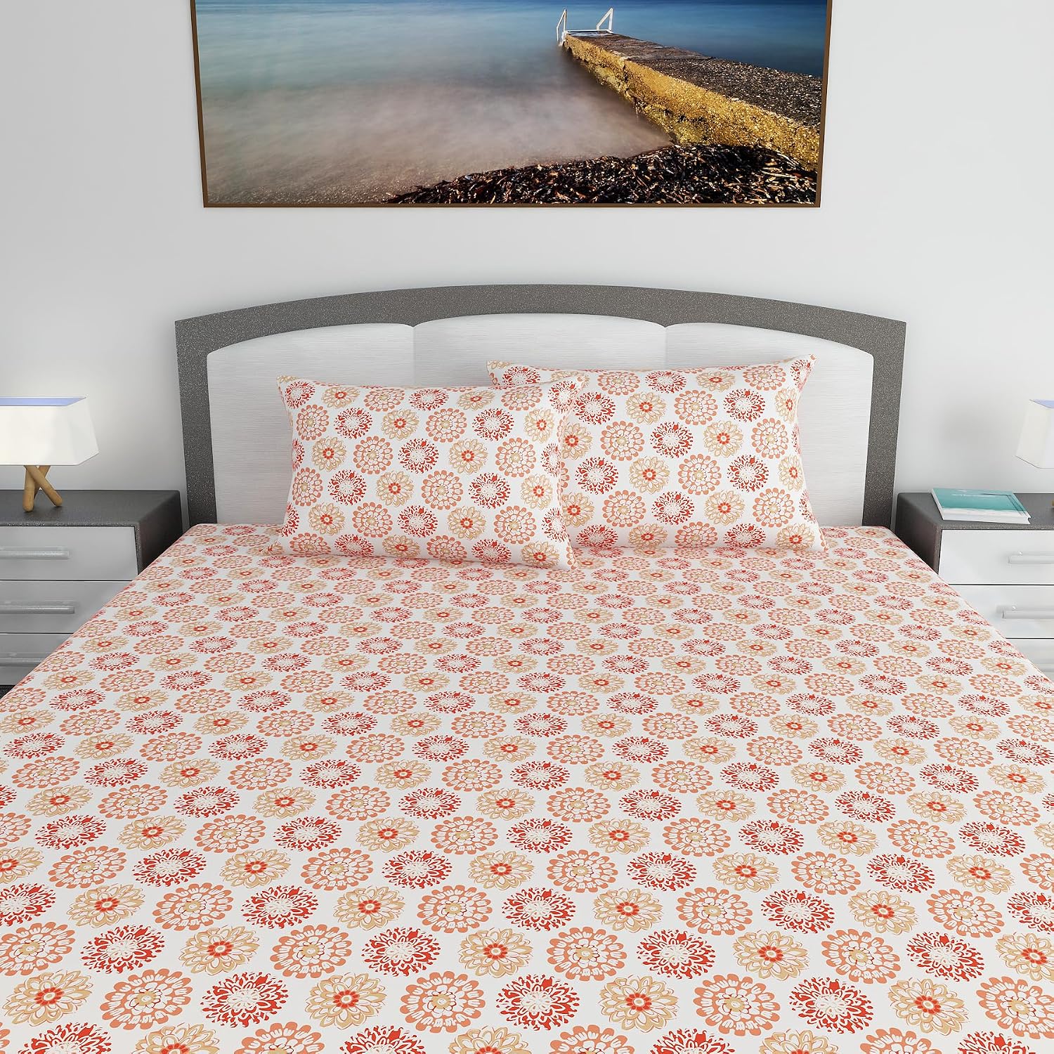 King Size Double Bedsheet With 2 Pillow Covers - 108 X 108 Inches, White & Red Orange | Soft & Durable For Everyday Use - All Season Comfort