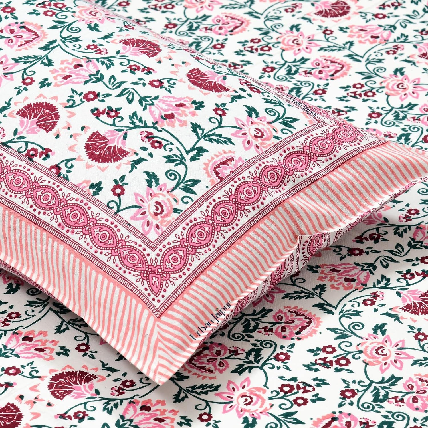 Jaipuri Bedsheet For Double Bed With 2 Pillow Covers - 90 X 108 Inches, Pink & White | Pure Cotton Bedsheet King Size Bed | Soft & Breathable Fabric