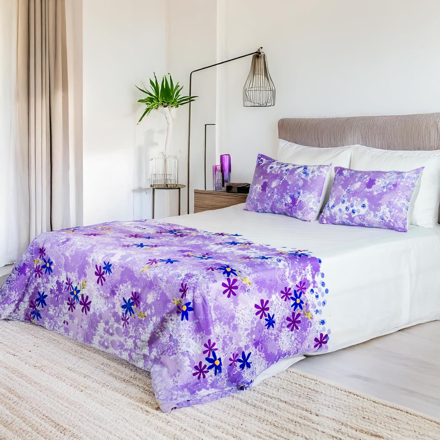 Printed Cotton Bedsheet For King Size With 2 Pillow Cover | 108 X 108 Inches, Purple & White | Wrinkle Free Soft Perfect For Everyday Use
