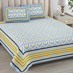 1 Queen Size Bedsheet For Double Bed With 2 Pillow Covers (90 X 108 Inches) White & Blue | Beautiful Printed Designs - Breathable 100% Cotton Bedsheet Comfortable