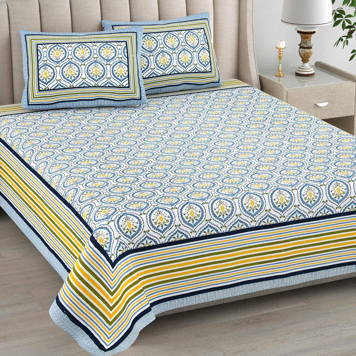 Bedsheet For Queen Bed With 2 Pillow Covers - 90 X 108 Inches, White & Blue | Pure Cotton Traditional Jaipuri Printed | Ideal For Both Everyday Use & Special Events