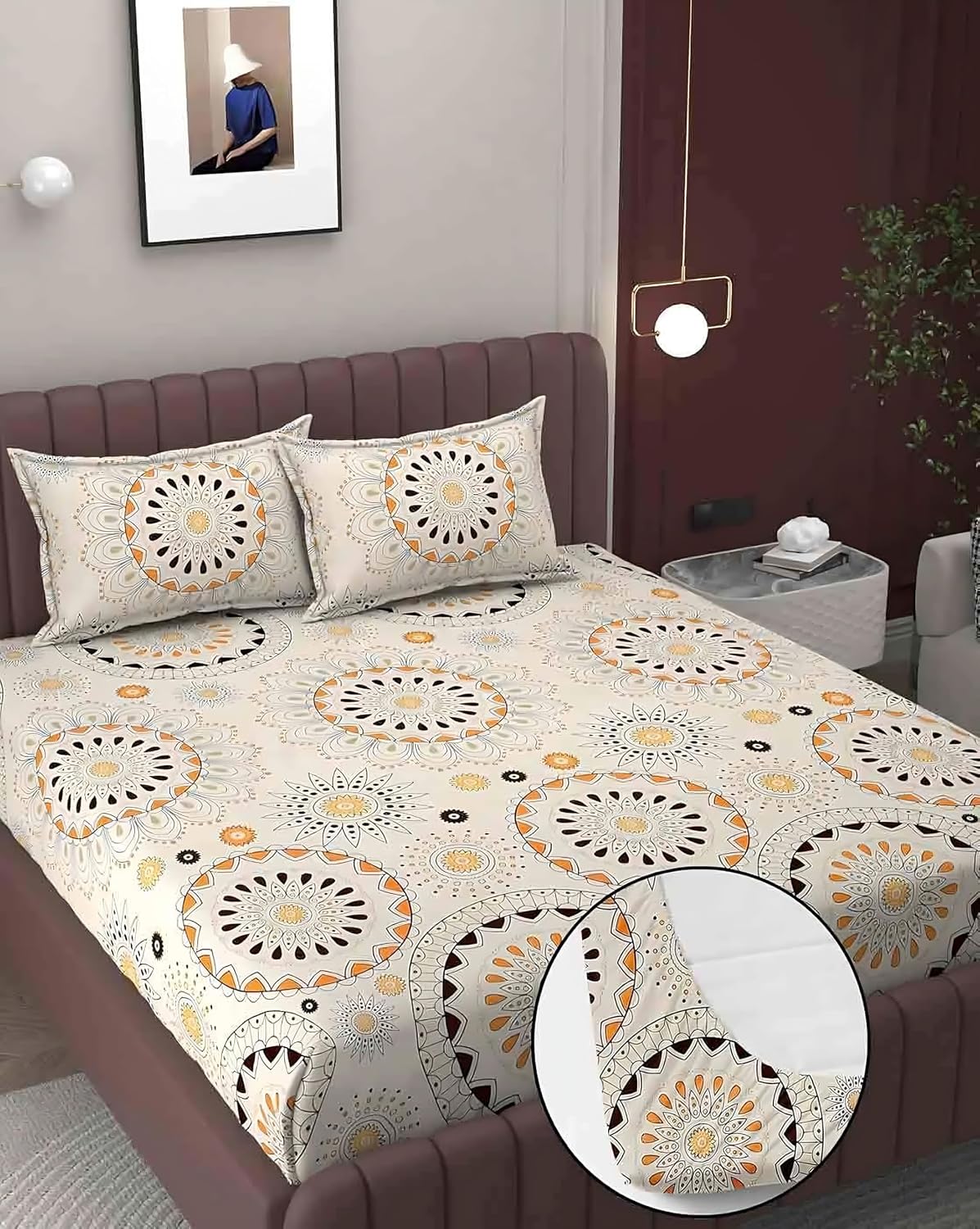 Bedsheet King Size With 2 Pillow Covers (72 X 78 Inches) Cream & Brown | Double Bed With All Around Elastic Fitted - Durable & Long Lasting Wrinkle Resistant Fabric