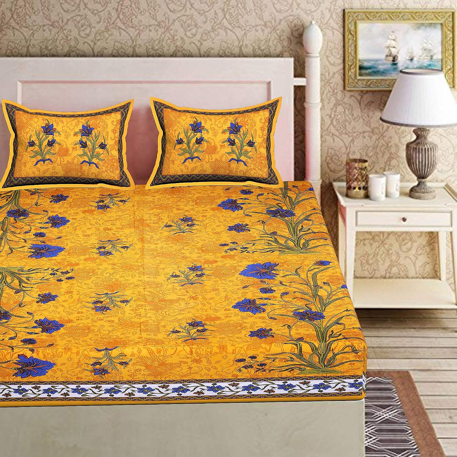 Printed Double Bedsheets For King Size With 2 Pillow Covers - 90 X 100 Inches, Yellow & Blue | Comfort Jaipuri Collection Bedsheet