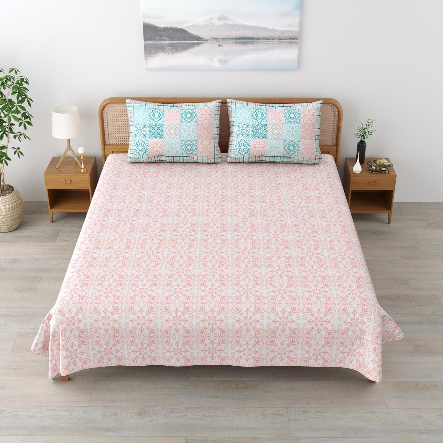 Sanskriti Bedsheet For Double Bed King Size With 2 Pillow Cover - 90 X 108 Inches, Pink & White | Soft, Durable & Stylish | Breathable & Skin-Friendly