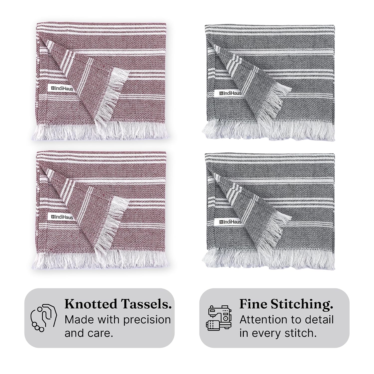 Indihaus Premium Cotton Hand Towel 310 Gsm | Soft, Absorbent, Multi-Purpose Towel Set | Earthy Crimson & Slate Grey (Set Of 4)