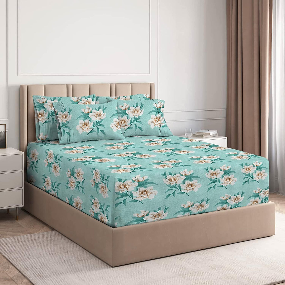 Cotton Elastic Fitted Bedsheets With 2 King Size Pillow Covers | 72 X 78 Inches, Seafoam - Double Bed With All Around Elastic 180 Thread Count Super Soft