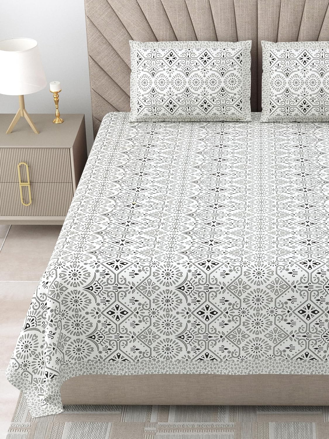 Bedsheet For Queen Bed With 2 Pillow Covers - 90 X 108 Inches, Grey & White | Pure Cotton Traditional Jaipuri Printed | Ideal For Both Everyday Use & Special Events