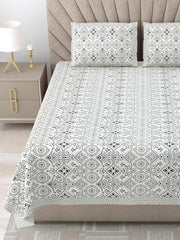 Bedsheet For Queen Bed With 2 Pillow Covers - 90 X 108 Inches, Grey & White | Pure Cotton Traditional Jaipuri Printed | Ideal For Both Everyday Use & Special Events